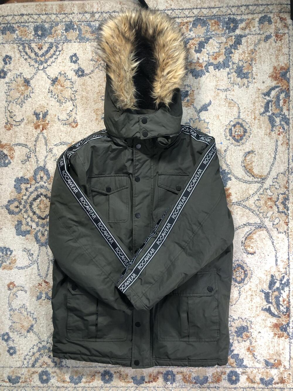 Rocawear Coat Mens XL Green Hooded Parka Faux Fur Insulated Pockets Hip Hop